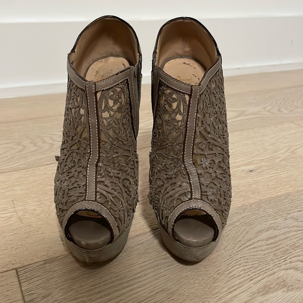 Christian Louboutin Brown Laser-Cut Leather Pampas 150 Peep Toe Ankle Boots